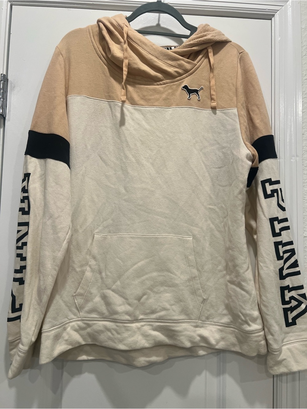 PINK Victoria’s Secret Two-Tone Hooded Sweatshirt - Cream, Tan, and Black